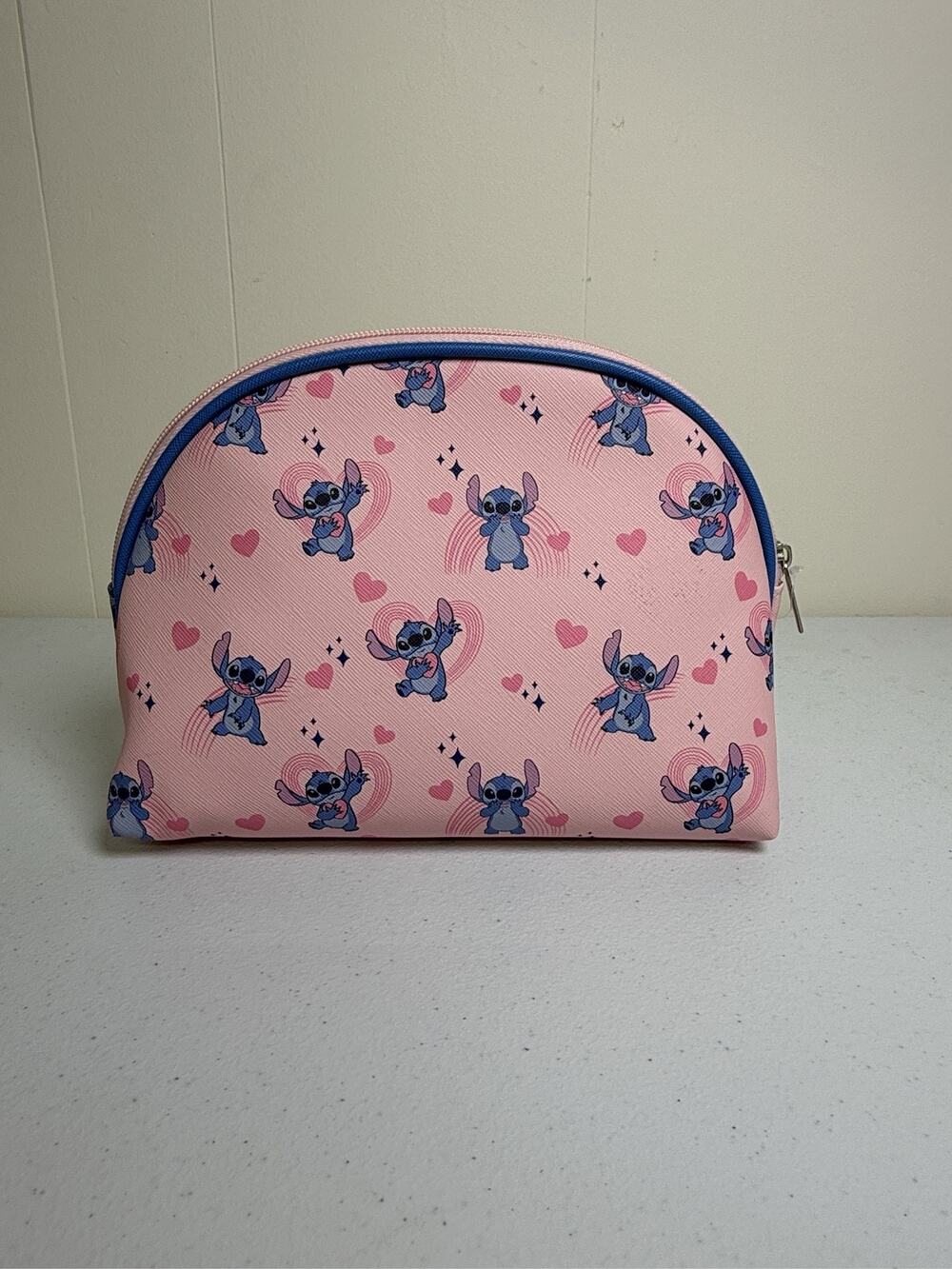Disney Lilo & Stitch Cosmetic Makeup Bag Pink Heart Print Zip Pouch
